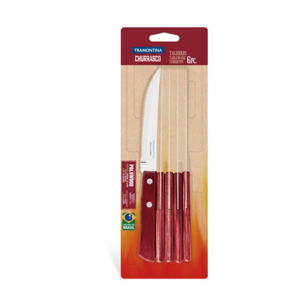 Conjunto de Facas para Churrasco Tramontina 5" em Aço Inox com Cabo Vermelho Polywood 6 Peças - 21198715