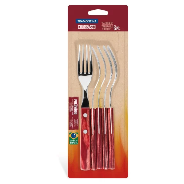 Conjunto de Garfos para Churrasco Tramontina em Aço Inox com Cabo Vermelho Polywood 6 Peças - 21198716