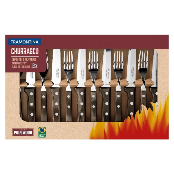 Jogo de Talheres Jumbo Tramontina Churrasco com Lâminas em Aço Inox e Cabos de Madeira Polywood Castanho 12 Peças - 21198976