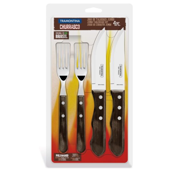 Jogo de Talheres Jumbo para Churrasco Tramontina em Aço Inox com Cabo Castanho Polywood 4 Peças - 21198908