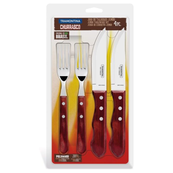 Jogo de Talheres Jumbo para Churrasco Tramontina em Aço Inox com Cabo Vermelho Polywood 4 Peças - 21198708