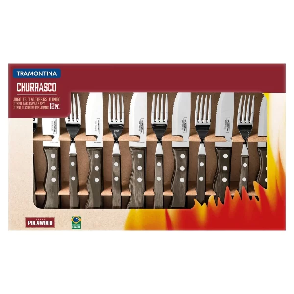 Jogo de Talheres para Churrasco Jumbo Tramontina em Aço Inox com Cabo Castanho Polywood 12 Peças - 21199996