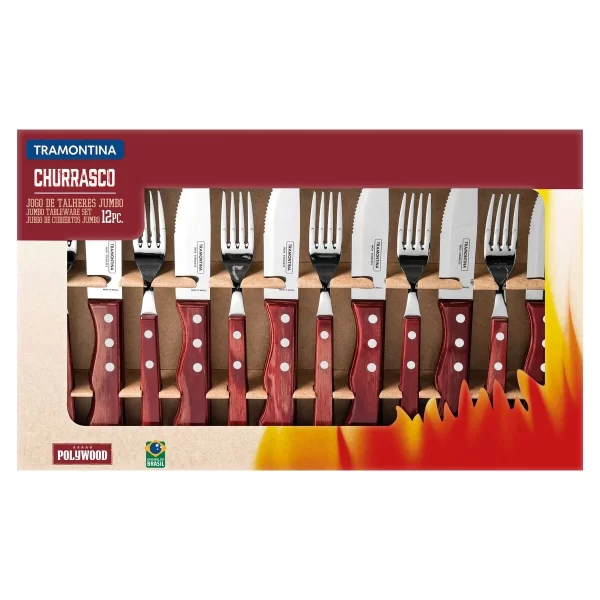 Jogo de Talheres para Churrasco Jumbo Tramontina em Aço Inox com Cabo Vermelho Polywood 12 Peças - 21199796