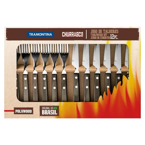 Jogo de Talheres para Churrasco Tramontina em Aço Inox com Cabo Castanho Polywood 12 Peças - 21199909