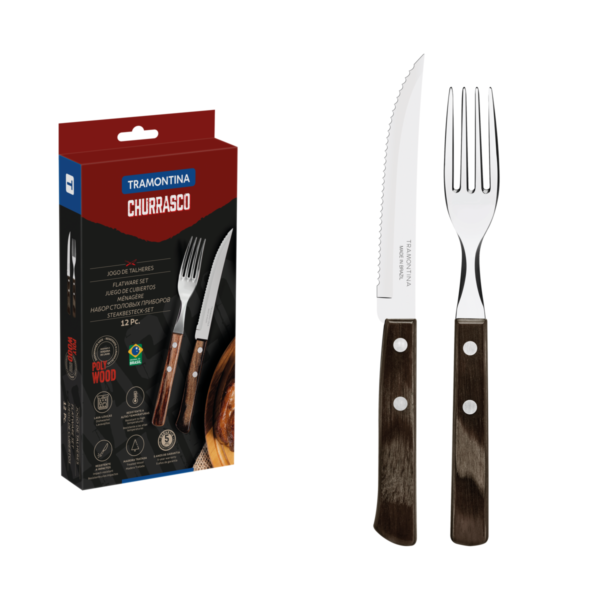 Jogo de Talheres para Churrasco Tramontina em Aço Inox com Cabo Castanho Polywood 12 Peças - 21199911 - Image 2