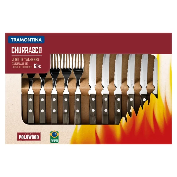 Jogo de Talheres para Churrasco Tramontina em Aço Inox com Cabo Castanho Polywood 12 Peças - 21199903