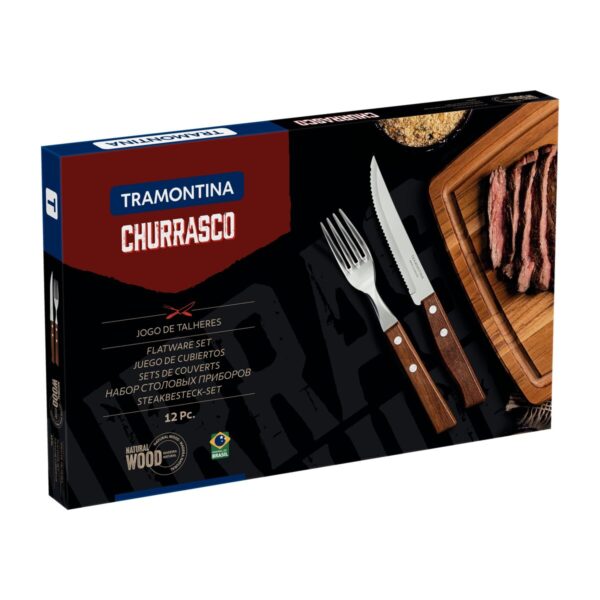 Jogo de Talheres para Churrasco Tramontina em Aço Inox com Cabo de Madeira Natural 12 Peças - 22299002