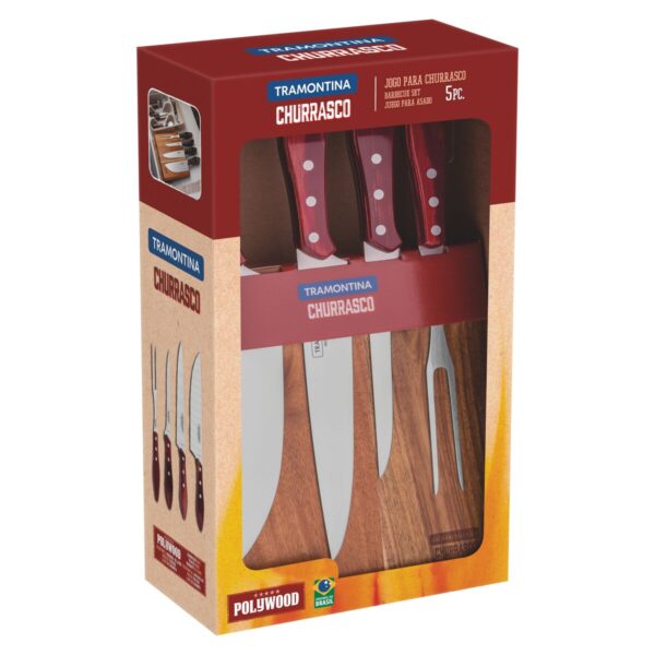 Jogo para Churrasco Tramontina com Lâminas em Aço Inox e Cabos em Madeira Polywood Vermelho 5 Peças - 21198781