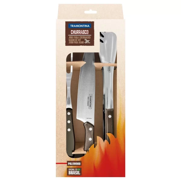 Jogo para Churrasco Tramontina em Aço Inox com Cabo Castanho Polywood 3 Peças - 21198961