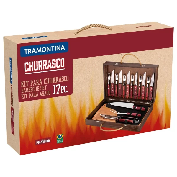 Kit para Churrasco Tramontina com Talheres Jumbo em Aço Inox Cabo Castanho Polywood com Tábua e Estojo de Madeira 17 Peças - 21198966