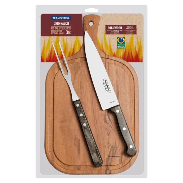 Kit para Churrasco Tramontina em Aço Inox Cabo Castanho Polywood com Tábua de Madeira 3 Peças - 21198914