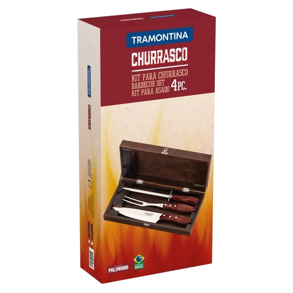 Kit para Churrasco Tramontina em Aço Inox Cabo Vermelho Polywood com Estojo de Madeira 4 Peças - 21198764