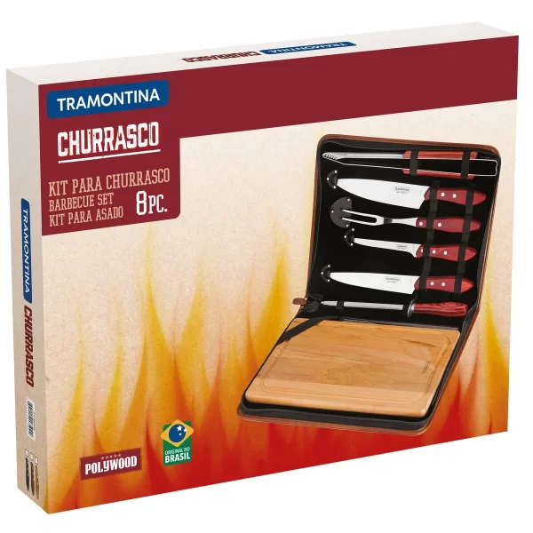 Kit para Churrasco Tramontina em Aço Inox Cabo Vermelho Polywood com Tábua e Estojo 8 Peças - 21198765