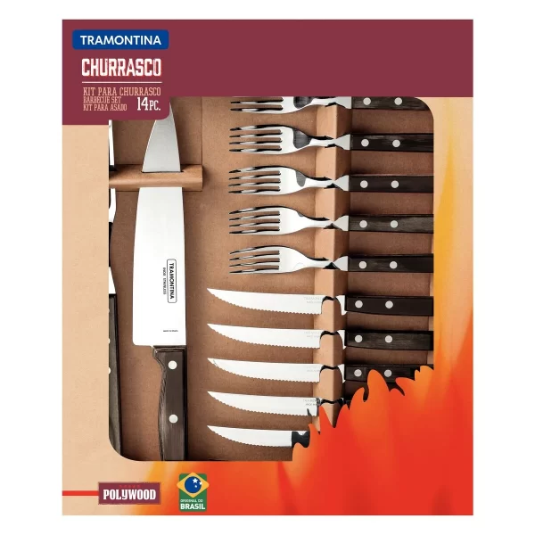 Kit para Churrasco Tramontina em Aço Inox com Cabo Castanho Polywood 14 Peças - 21199989