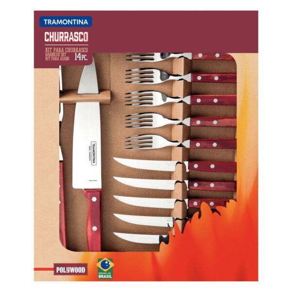 Kit para Churrasco Tramontina em Aço Inox com Cabo Vermelho Polywood 14 Peças - 21199789