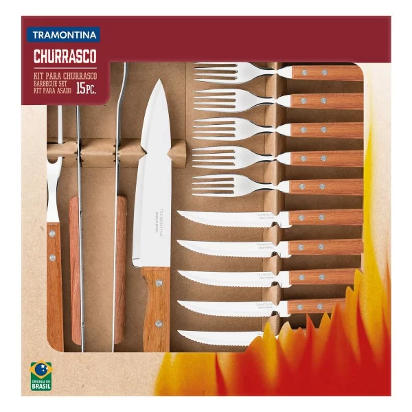 Kit para Churrasco Tramontina em Aço Inox com Cabo de Madeira Natural 15 Peças - 22399028