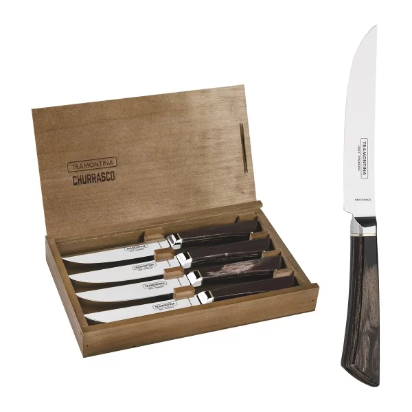 Conjunto de Facas para Churrasco Pampas Tramontina Fio Liso em Aço Inox Forjado com Cabo Castanho Polywood e Estojo de Madeira 4 Peças - 29899535