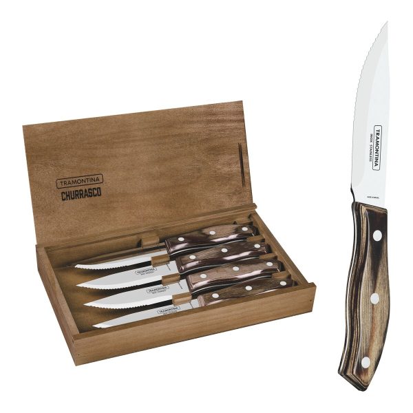 Conjunto de Facas para Churrasco Tramontina com Lâminas de Aço Inox e Cabos de Madeira Polywood Castanho com Estojo de Madeira 04 Peças - 29899529