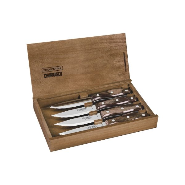 Conjunto de Facas para Churrasco Tramontina com Lâminas de Aço Inox e Cabos de Madeira Polywood Castanho com Estojo de Madeira 04 Peças - 29899529 - Image 2