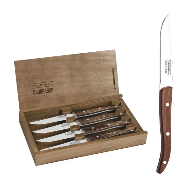 Conjunto de Facas para Churrasco Tramontina com Lâminas em Aço Inox e Cabos de Madeira Polywood Castanho com Estojo de Madeira 04 Peças - 29899517