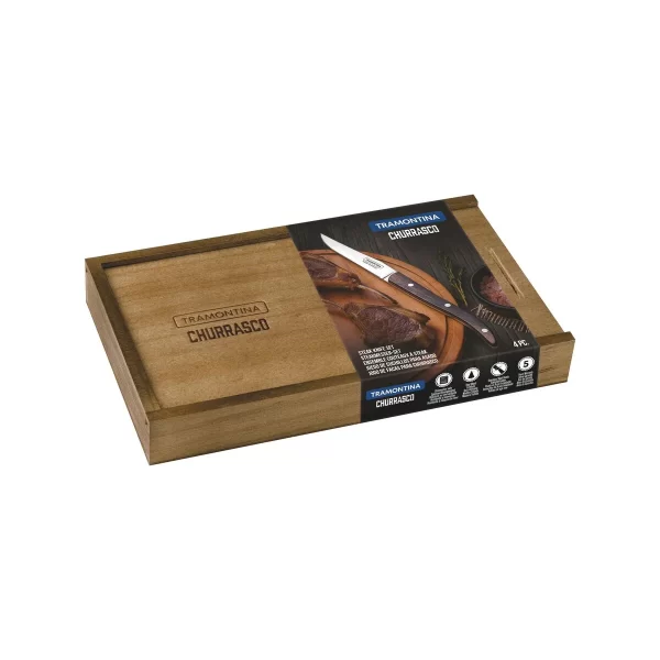 Conjunto de Facas para Churrasco Tramontina com Lâminas em Aço Inox e Cabos de Madeira Polywood Castanho com Estojo de Madeira 04 Peças - 29899517 - Image 5