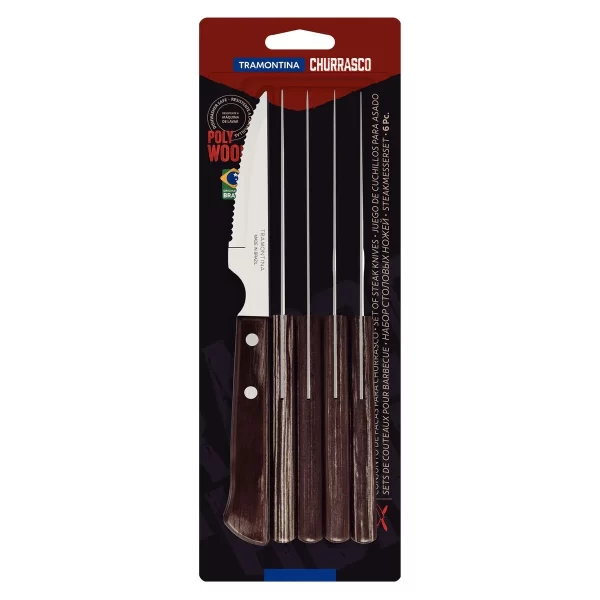 Conjunto de Facas para Churrasco Tramontina com Lâminas em Aço Inox e Cabos de Madeira Tratada Polywood Castanho 6 Peças - 21109694 - Image 2