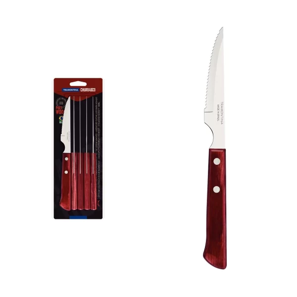 Conjunto de Facas para Churrasco Tramontina com Lâminas em Aço Inox e Cabos de Madeira Tratada Polywood Vermelho 6 Peças - 21109674