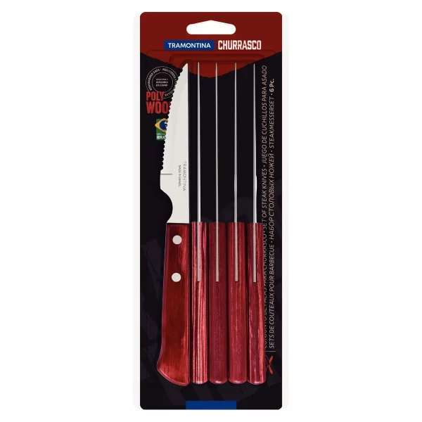 Conjunto de Facas para Churrasco Tramontina com Lâminas em Aço Inox e Cabos de Madeira Tratada Polywood Vermelho 6 Peças - 21109674 - Image 2