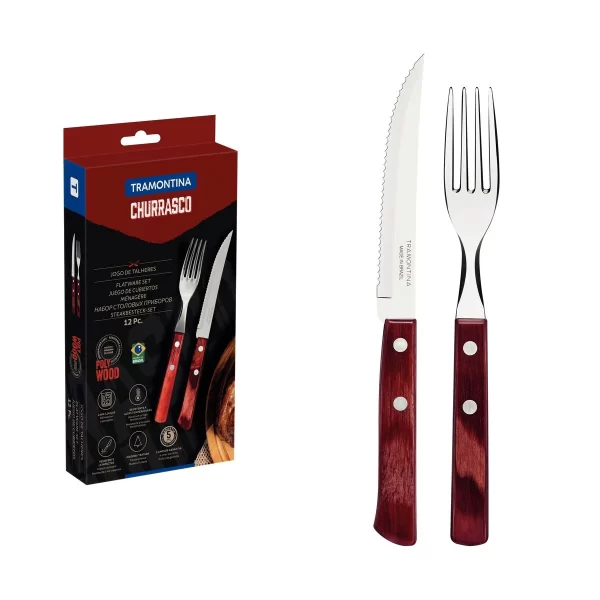 Jogo de Talheres para Churrasco Tramontina com Laminas de Aço Inox com Cabos de Madeira Tratada Polywood Vermelho 12 Peças - 21199711