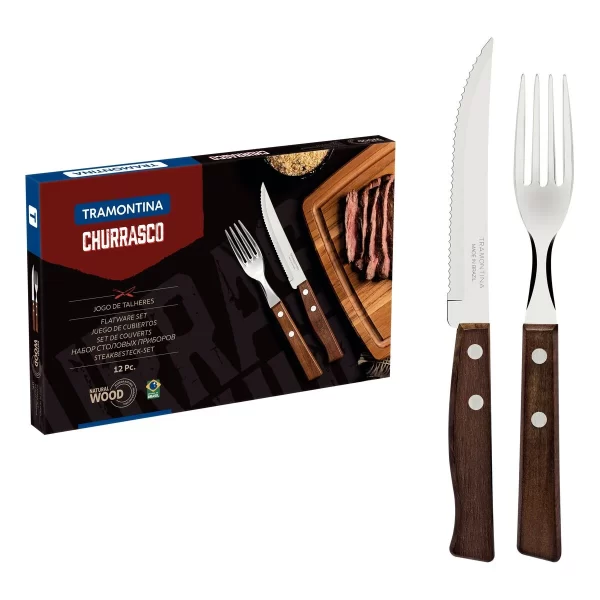 Jogo de Talheres para Churrasco Tramontina com Lâminas de Aço Inox e Cabos de Madeira Natural 12 Peças - 22299002