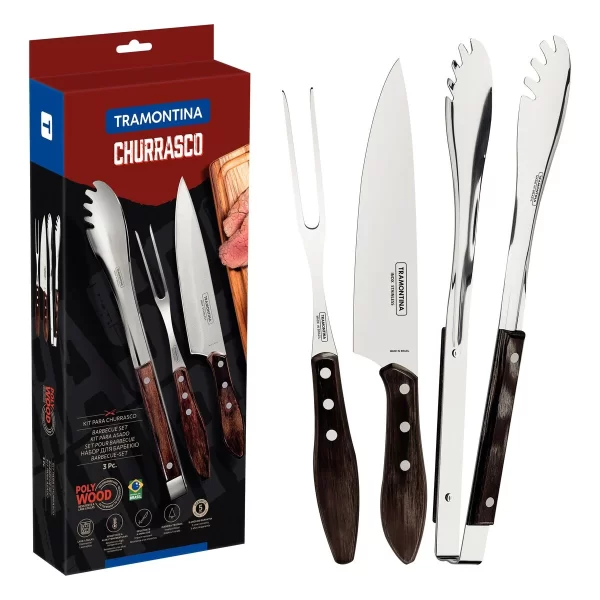 Jogo para Churrasco Tramontina com Lâminas em Aço Inox com Cabo de Madeira Tratada Polywood Castanho 3 Peças - 21198961