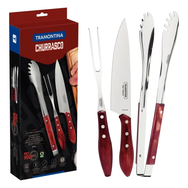 Jogo para Churrasco Tramontina com Lâminas em Aço Inox com Cabo de Madeira Tratada Polywood Vermelho 3 Peças - 21198761