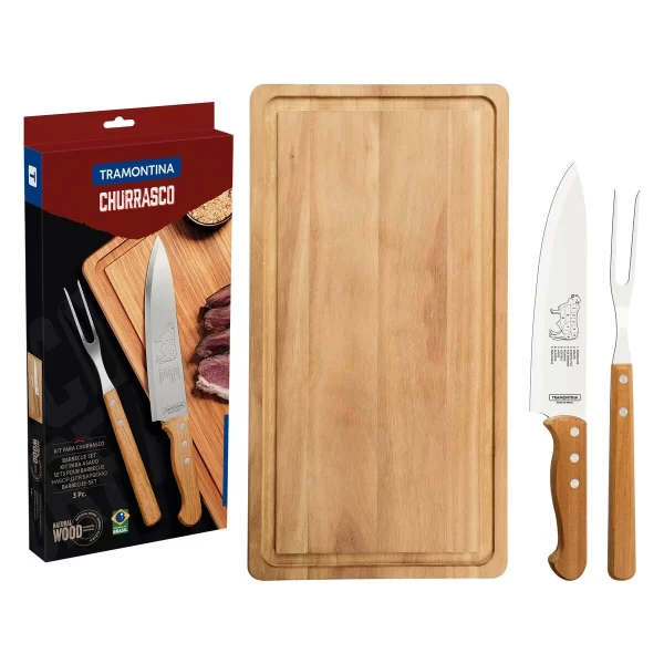 Kit para Churrasco Tramontina com Lâmina em Aço Inox Cabo de Madeira Natural com Tábua de Madeira 3 Peças - 22399076