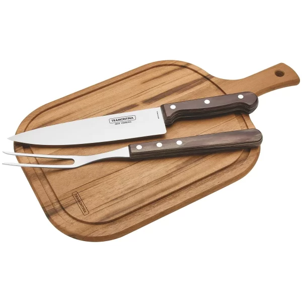 Kit para Churrasco Tramontina com Lâmina em Aço Inox Cabo de Madeira Polywood Castanho com Tábua de Madeira 3 Peças - 21198914