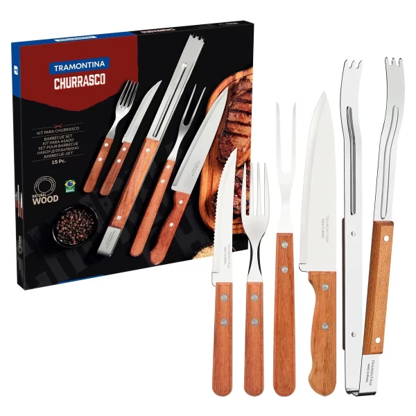 Kit para Churrasco Tramontina com Lâmina em Aço Inox e Cabos de Madeira Natural 15 Peças - 22399028