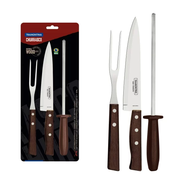 Kit para Churrasco Tramontina com Lâminas de Aço Inox e Cabos de Madeira Natural e Polipropileno 3 Peças - 22299055