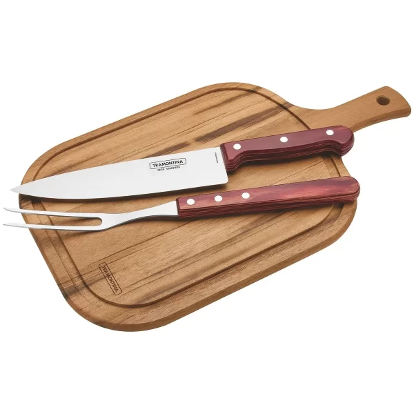 Kit para Churrasco Tramontina com Lâminas em Aço Inox e Cabo Polywood Vermelho com Tábua de Madeira 3 Peças - 21198714