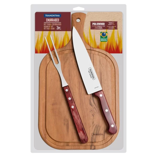 Kit para Churrasco Tramontina com Lâminas em Aço Inox e Cabo Polywood Vermelho com Tábua de Madeira 3 Peças - 21198714 - Image 2