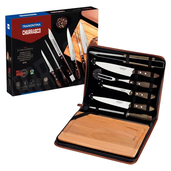 Kit para Churrasco Tramontina com Lâminas em Aço Inox e Cabos de Madeira Polywood Castanho com Tábua e Estojo 8 Peças - 21198965