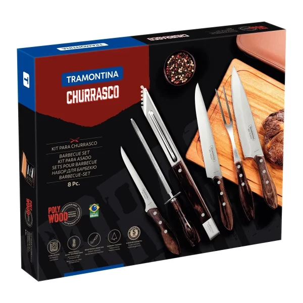 Kit para Churrasco Tramontina com Lâminas em Aço Inox e Cabos de Madeira Polywood Castanho com Tábua e Estojo 8 Peças - 21198965 - Image 2