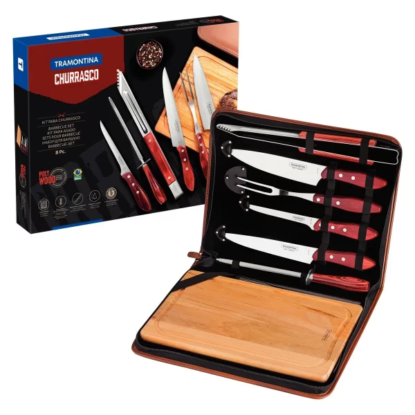 Kit para Churrasco Tramontina com Lâminas em Aço Inox e Cabos de Madeira Polywood Vermelho com Tábua e Estojo 8 Peças - 21198765