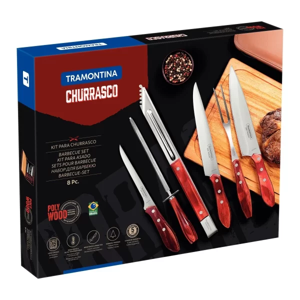 Kit para Churrasco Tramontina com Lâminas em Aço Inox e Cabos de Madeira Polywood Vermelho com Tábua e Estojo 8 Peças - 21198765 - Image 2