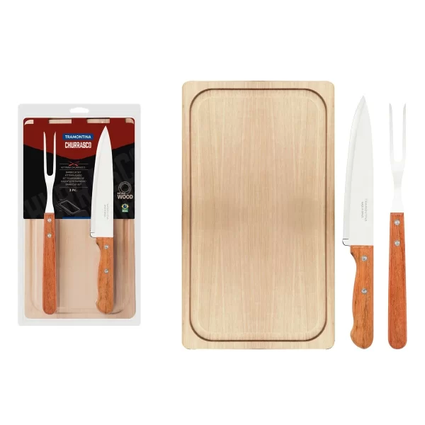 Kit para Churrasco Tramontina com Lâminas em Aço Inox e Cabos em Madeira Natural 3 Peças - 22399036