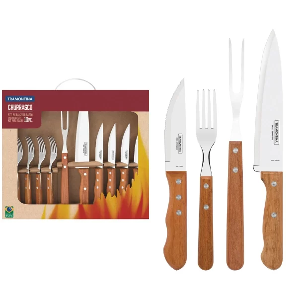 Kit para Churrasco Tramontina em Aço Inox com Cabo de Madeira Natural 10 Peças - 22399037