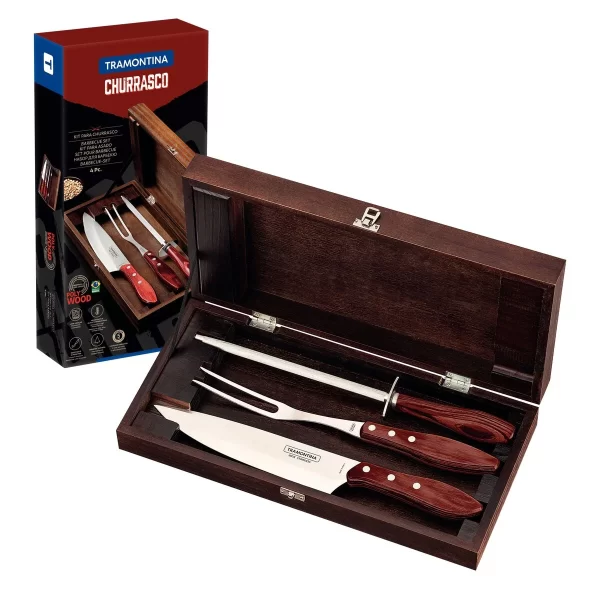 Kit para Churrasco Tramontina em Aço Inox e Cabo de Madeira Vermelho Polywood com Estojo de Madeira 4 Peças - 21198764