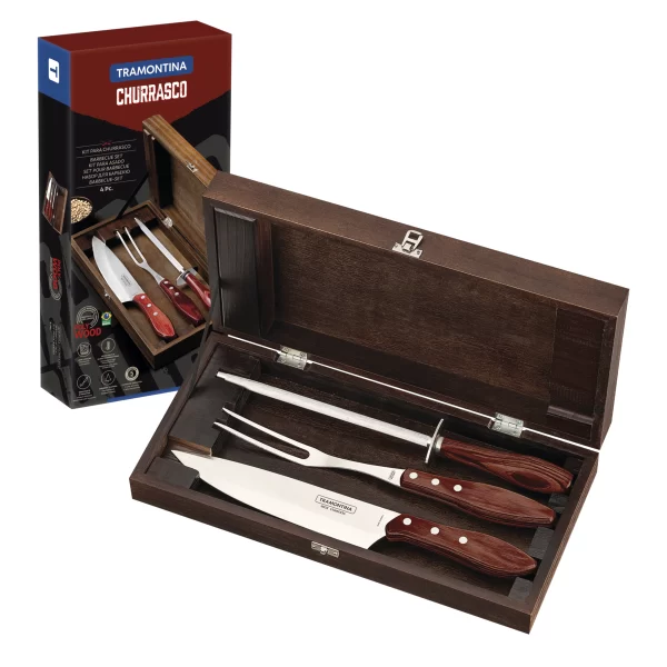 Kit para Churrasco Tramontina em Aço Inox e Cabo de Madeira Vermelho Polywood com Estojo de Madeira 4 Peças - 21198764 - Image 2