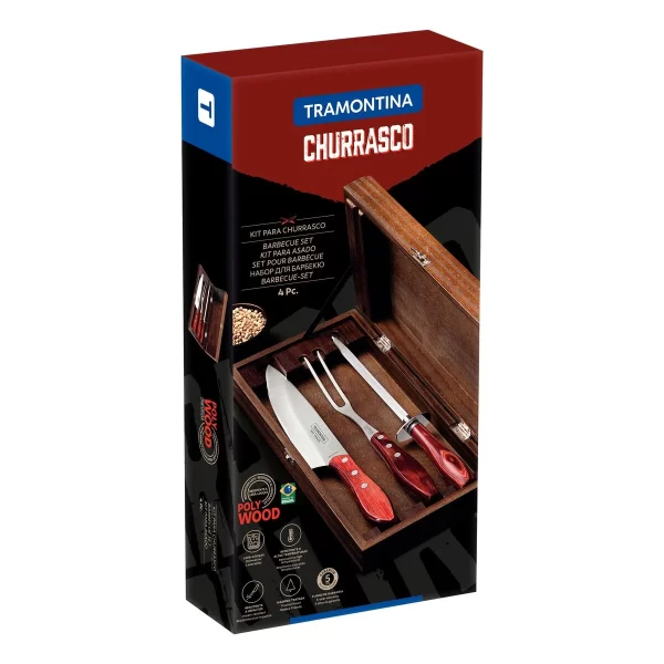 Kit para Churrasco Tramontina em Aço Inox e Cabo de Madeira Vermelho Polywood com Estojo de Madeira 4 Peças - 21198764 - Image 3